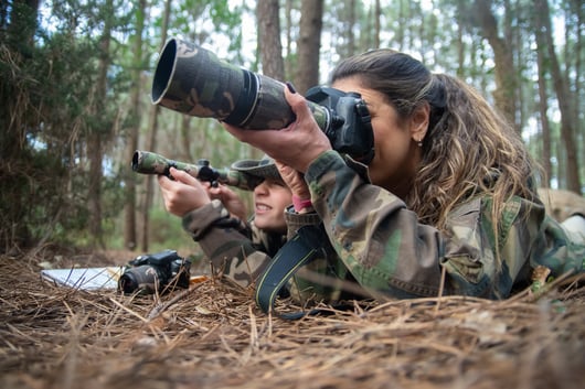 absorbed-mother-son-taking-pictures-forest-family-with-modern-cameras-lying-ground-using-camera-binoculars-parenting-family-leisure-concept