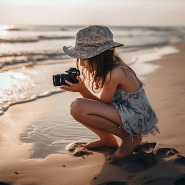 arafed-girl-kneeling-beach-taking-picture-with-camera-generative-ai